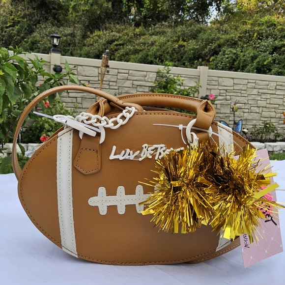 Betsey Johnson Brown Football Crossbody Bag with Gold Pom-Poms - Picture 1 of 8